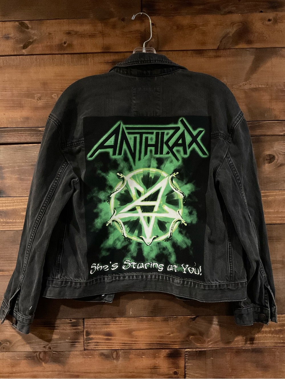 Custom ANTHRAX Distressed Black Denim Y2K Battle Jacket Mens Small Heavy Metal